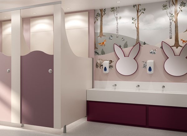 Venesta Genesis (Height B) Main Room Set Cubicles In Merlot, Peony, Macaroon & Suede. Vepps HPL In Peony & Suede, WT4 SS Washtrough, HPL Bench (Zoom)
