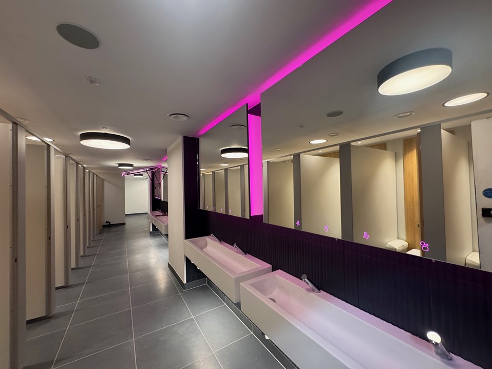 Solid Surface wash troughs beneath integrated Venesta Mirror Box units