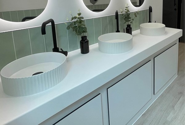 Venesta Washrooms Case Study Air Charter Service Solid Surface Vanity Unit Detail